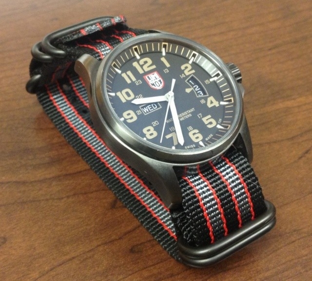 Luminox watch on a James Bond striped PVD Zulu strap from #cheapestnatostraps.com #luminox #jamesbond #zulustrap #natostrap #natoband #klocksnack #watchuseek #watchband #watchstrap