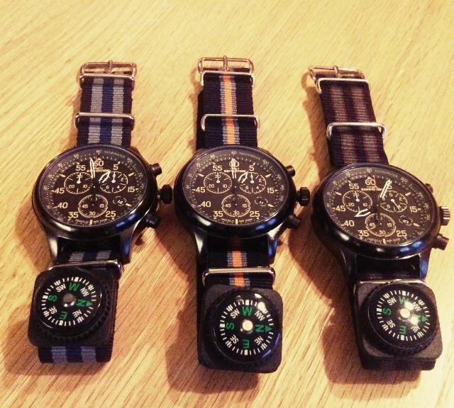 3 Timex Expeditions with NATO straps and strap compasses from #cheapestnatostraps.com #timex #timexexpedition #natostrap #natoband #klocksnack #watchuseek #watchband #watchstrap