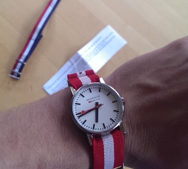 Mondaine watch on a red and white NATO strap from #cheapestnatostraps.com #mondaine #natostrap #natoband #klocksnack #watchuseek #instawatch #watchesofinstagram